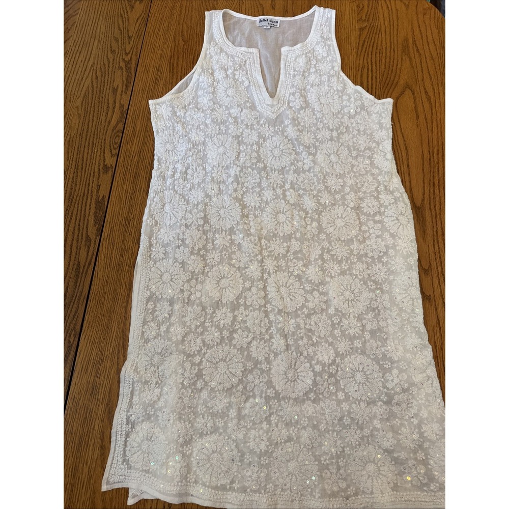 JULIETT DUNN London Embroidered Sequin White Cotton Tunic Sleeveless Sz 2 Boho